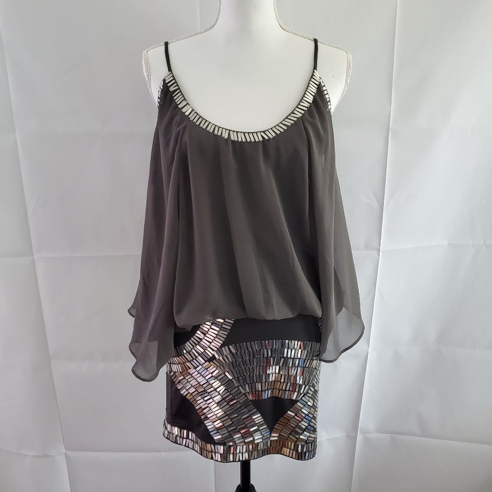 Arden B Gray Chiffon Sequins Cold Shoulder Dress